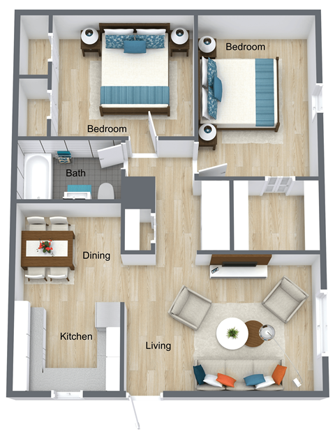 Floor plan for 2 beds, 1 bath, 800 sqft